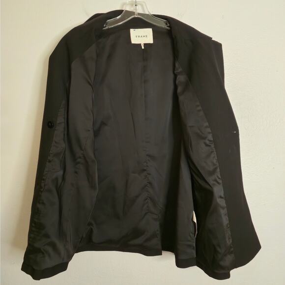 FRAME Wool Double Breasted Blazer Size 12 Noir Black Shoulder Pads Classic Chic - Picture 6 of 12